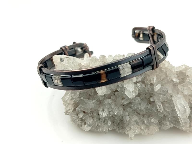 Męska bransoleta miedziana z czarnym agatem, obwód 18.5 cm, regulowany, waga 16 gram, rękodzieło