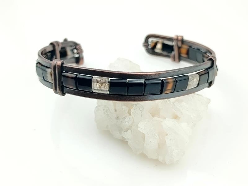 Męska bransoleta miedziana z czarnym agatem dla znaku Byka, Skorpiona, Bliźniąt, Panny i Strzelca