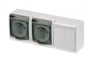 Wyłącznik BETA pojedynczy, świecznikowy i gniazdo BETA pojedyncze, białe, dymna klapka, IP44, D.3114GGW2/1, Pawbol