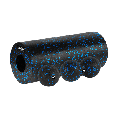 Zestaw wałek do masażu, roller, piłka, duoball , 3 elementy, kolor czarno-niebieski, materiał EPP, REBEL ACTIVE