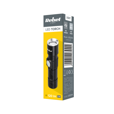 Latarka aluminiowa 3W Rebel (ZOOM, wtyk USB)