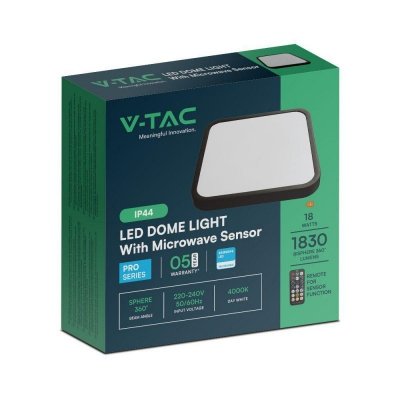 Plafon V-TAC 18W LED SAMSUNG CHIP Kwadrat 30x30cm Natynkowy Pilot Czujnik Ruchu IP44 Czarny VT-8618S 4000K 1830lm 5 Lat Gwarancj