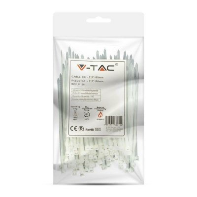 Opaski Zaciskowe V-TAC 2.5x100mm Biała 8kg Nylon66 (Opak. 100szt)