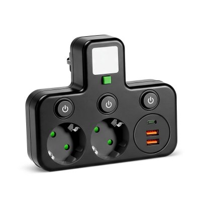 Rozgałęźnik, złodziejka do gniazdka LINEA PRO, 2 gniazdka, 2 USB, 1 USB-C czarny Kobi