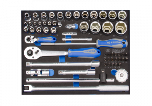 ZESTAW NASADEK 1/4&quot; ORAZ 1/2&quot; 60cz. KRÓTKIE 6-kąt. 4 - 32mm Z AKCESORIAMI, WKŁAD Z PIANKI EVA DO WÓZKA King Tony