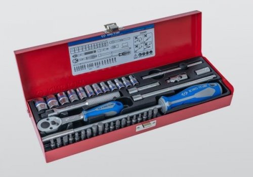 ZESTAW NARZĘDZI 1/4&quot; 39cz. NASADKI KRÓTKIE, 6-kąt. 4 - 13mm + BITY, Z GRZECHOTKĄ I AKCESORIAMI, KASETA King Tony
