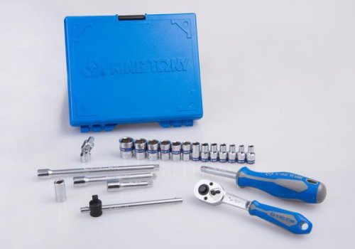 ZESTAW NASADEK 1/4&quot; 24cz. KRÓTKIE, 6-kąt. 4 - 14mm, Z AKCESORIAMI, CHROM, KASETA Z TWORZYWA King Tony