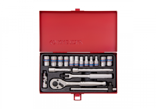 ZESTAW NASADEK 1/4&quot; 18cz. KRÓTKIE 12/8-kąt. 4 - 12mm Z GRZECHOTKĄ I AKCESORIAMI, KASETA King Tony