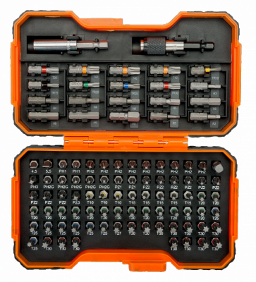 Zestaw bitów 100 elementowy do śrub prostych, imbusowych, Phillips, Pozidriv, Robertson, TORX oraz TORX z otworem BAHCO
