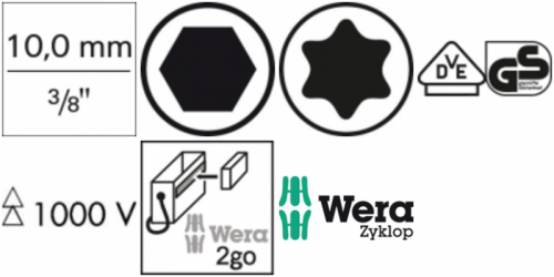 Zest.wkrętak.końców.wym. 3/8&quot; VDE T20-45 i do śrub z gniaz. 6-kąt. 4–8mm Wera
