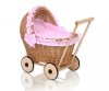 Wiklinowy wózek dla lalek pchacz z różową pościelką i miękką wyściółką- naturalny