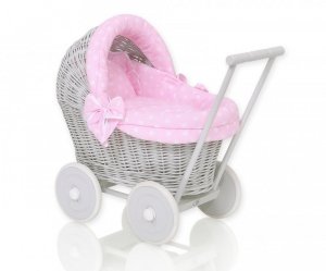 Wiklinowy wózek dla lalek pchacz szary z różową pościelką i miękką wyściółką