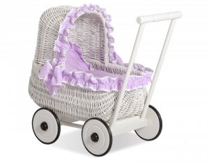 Wiklinowy wózek dla lalek pchacz biały z pościelką fioletową