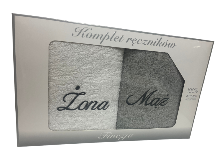 Komplet ręczników Mąż Żona 2 x 70x140 100% bawełna wz. biały - szary