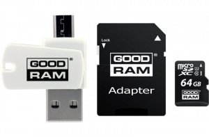 Karta pamięci z adapterem i czytnikiem kart GoodRam All in one M1A4-0640R12 (64GB; Class 10; Adapter, Czytnik kart MicroSDHC, Ka