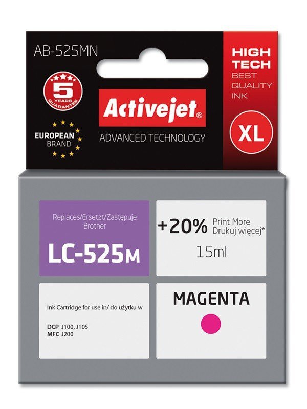 Activejet AB-525MN Tusz  (zamiennik Brother LC525M; Supreme; 15 ml; czerwony). Drukuje więcej o 20%.względem OEM.