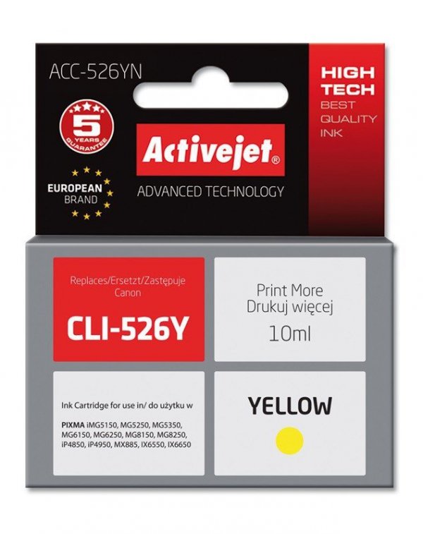 Activejet ACC-526YN Tusz (zamiennik Canon CLI-526Y; Supreme; 10 ml; żółty)