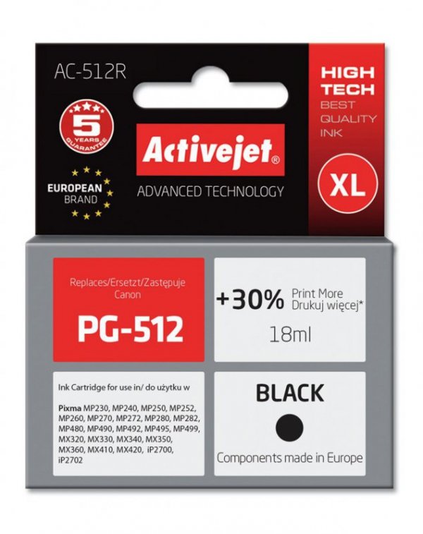Tusz Activejet AC-512R (zamiennik Canon PG-512; Premium; 18 ml; czarny)