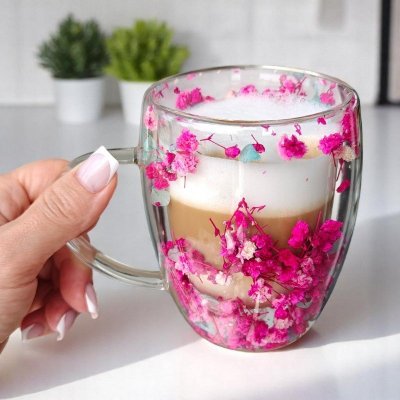 Szklanka termiczna z kwiatami w środku, gipsówka hortensje róż 300 ml 1szt SZK174