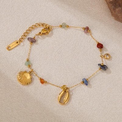 Bransoletka na rękę stal chirurgiczna pozłacana 14k złotem, MUSZELKI kamienie BST1514