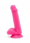 Różowe zakrzywione dildo z jądrami na przyssawce 15 cm