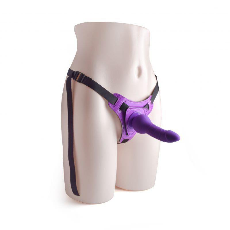 Regulowany strapon dildo na pasku sztuczny fioletowy penis 14 cm