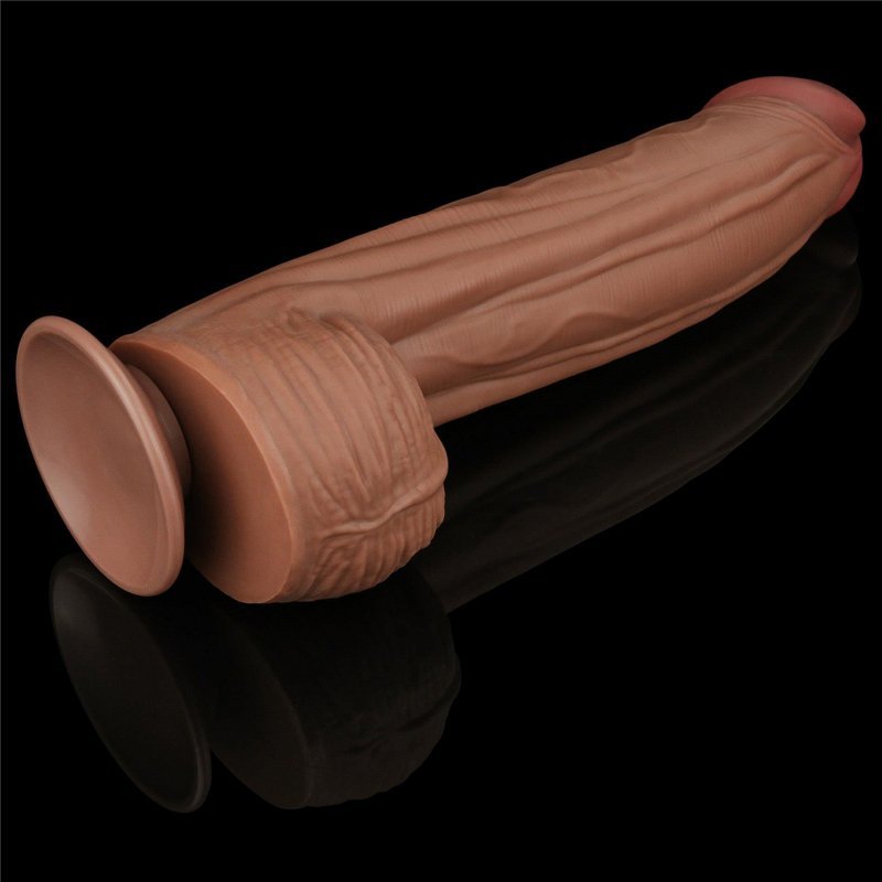 Dildo King size z ruchomą skórą Dual Layer Dong Brown 30cm
