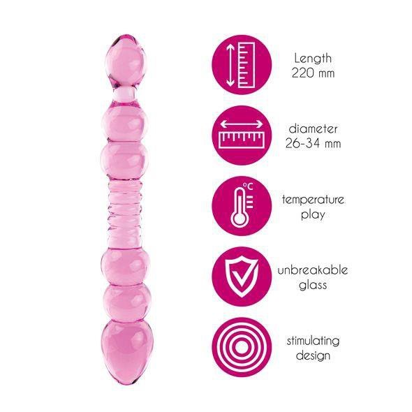Szklane dwustronne dildo z grzbietami lesbijskie różowe 22 cm