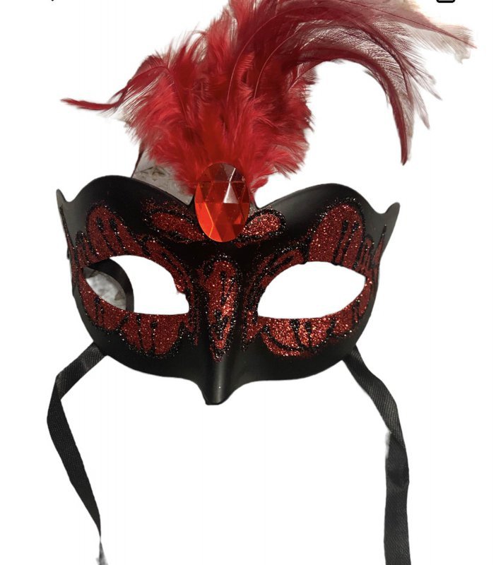 Maska venetian mask red with red stone and feather
