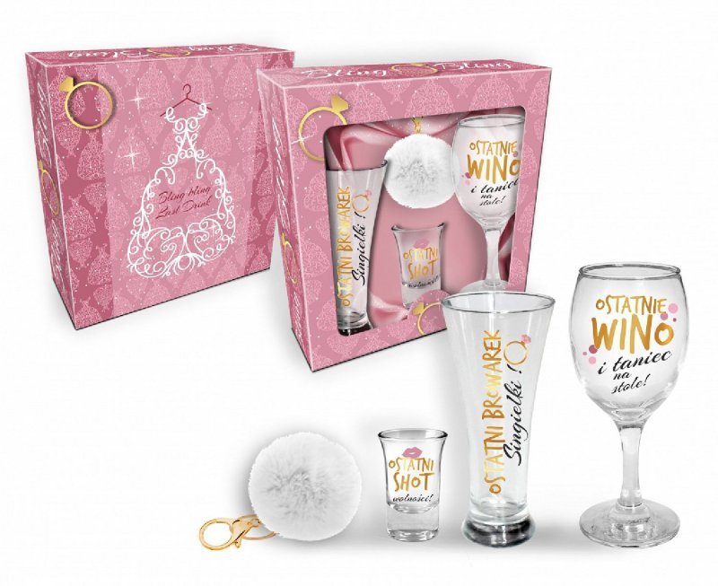Niezbędnik panieński zestaw: szklanka do piwa 300ml, kieliszek do wina 220ml, kieliszek do wódki 35ml + brelok