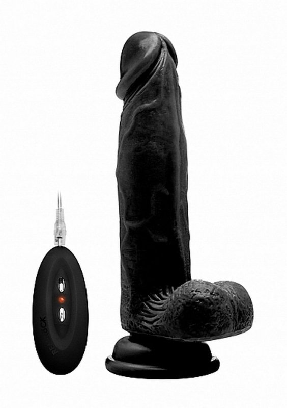 Vibrating realistic cock - 8&quot; - with scrotum - black