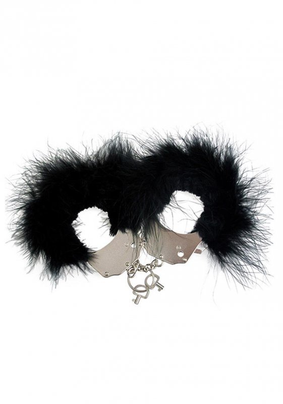 Kajdanki metalowe Metallic Feather z czarnym futrem