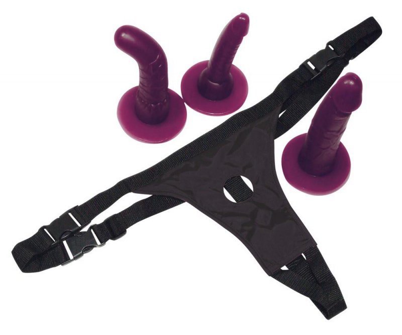 Zestaw strap-on stringi trzy różne fioletowe penisy dildo na pasku