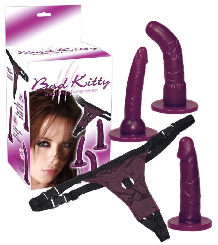 Zestaw strap-on stringi trzy różne fioletowe penisy dildo na pasku