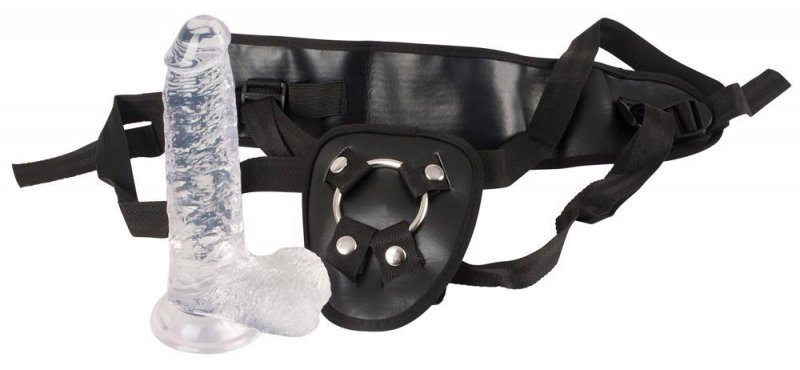 Strapon uprząż przeźroczyste dildo z jądrami na pasku żylasty penis