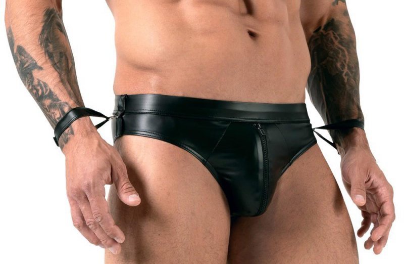Jockstrapy męskie z kajdankami BDSM czarne paski XL