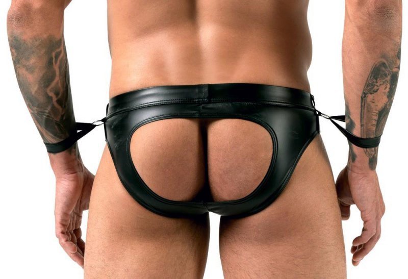 Jockstrapy męskie z kajdankami BDSM czarne paski XL