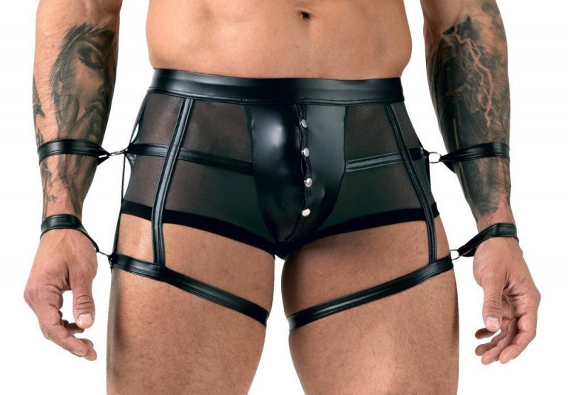 Majtki bokserki męskie z kajdankami BDSM czarne paski XL