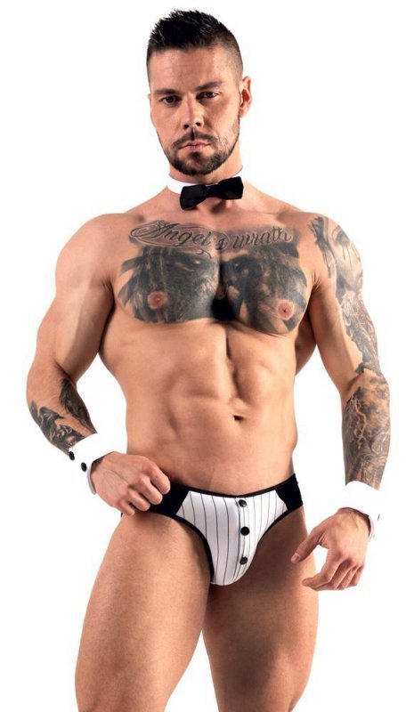 Męskie jockstrapy majtki odkryte pośladki + mankiety kelner Men's jock briefs S