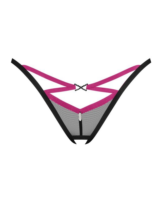 Czarne stringi z dziurką fioletowymi paskami Obsessive Novenes XL/2XL