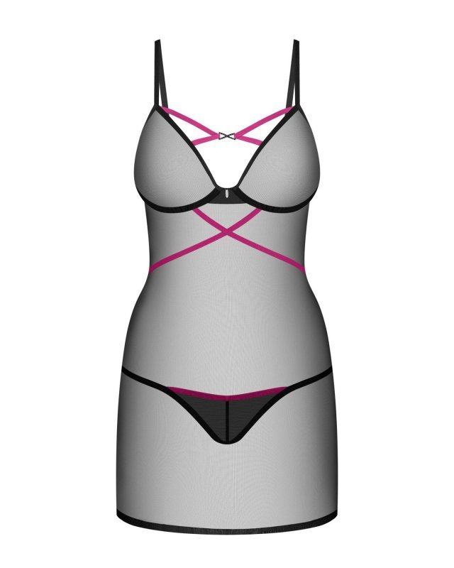 Czarna smukła prześwitująca koszulka erotyczna Obsessive Novenes + stringi XL/2XL