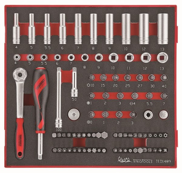 89-elementowy zestaw narzędzi nasadkowych z chwytem kwadratowym 1/4&quot; Teng Tools TED1489