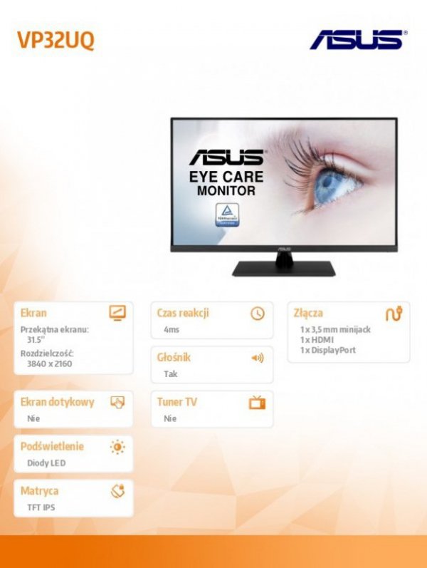 Monitor 32 cale VP32UQ IPS UHD 4K 16:9 sRGB:100% 4ms/100MLN:1/350cd/m2 HDMI DP Głośnik VESA