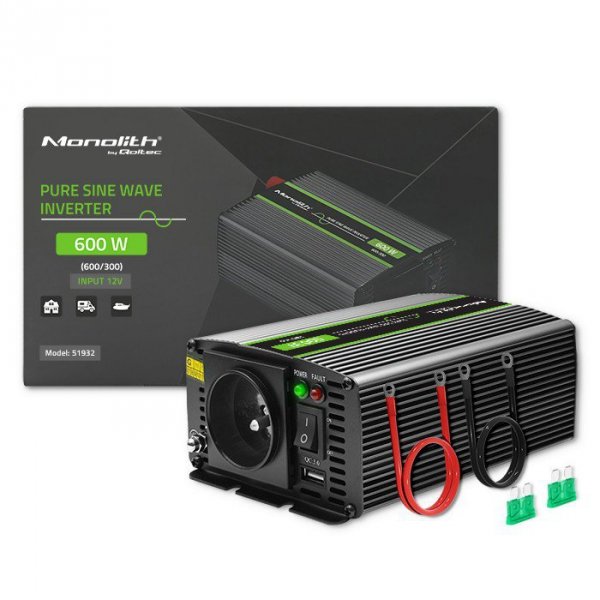 Przetwornica napięcia Monolith | 300W | 600W | 12V na 230V |     Czysty Sinus