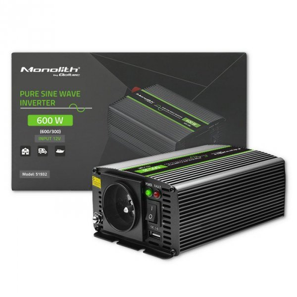 Przetwornica napięcia Monolith | 300W | 600W | 12V na 230V |     Czysty Sinus