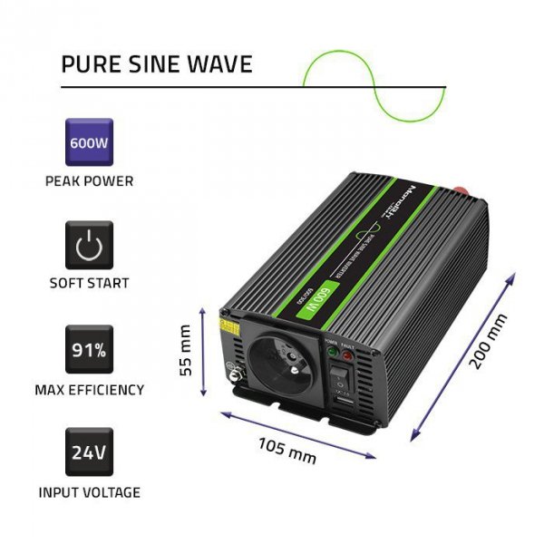 Przetwornica napięcia Monolith | 300W | 600W | 24V na 230V |     Czysty Sinus