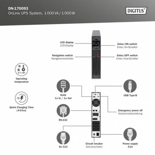 Zasilacz awaryjny UPS Online Rack 19&quot; LCD, 1000VA/1000W, 2x12V/9Ah, 8xC13, USB, RS232, RJ45