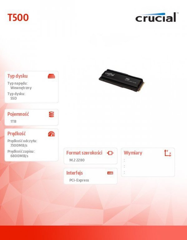 Dysk T500  1TB M.2 NVMe 2280 PCIe40 7300/6800 Radiator