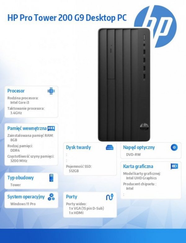 Komputer 290 Tower G9 i3-13100 512GB/8GB/DVD/W11P  936A4EA