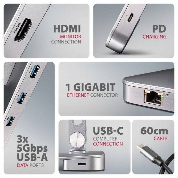HMC-STND Stojak z wieloportowy hub Aluminiowy 7in1, 5Gbps, do 10&quot;-16&quot; cali laptopów, nastawny, 3x USB-A, HDMI 4K/60Hz,